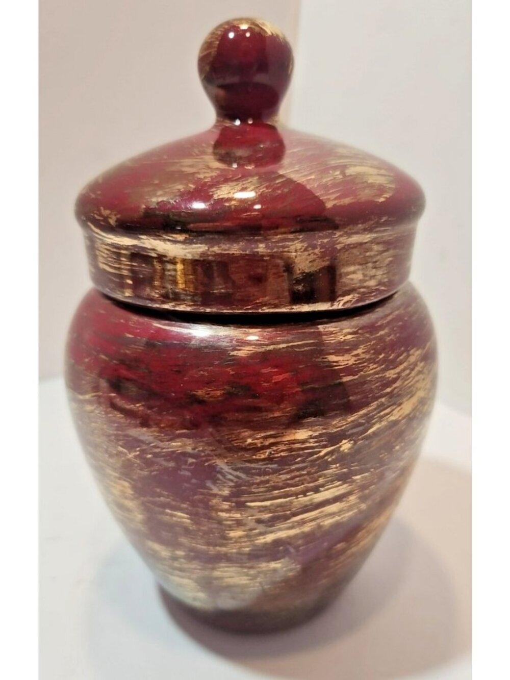Vtg Handmade Red & Gold Abstract Ginger Jar With Lid 8" Tall Signed